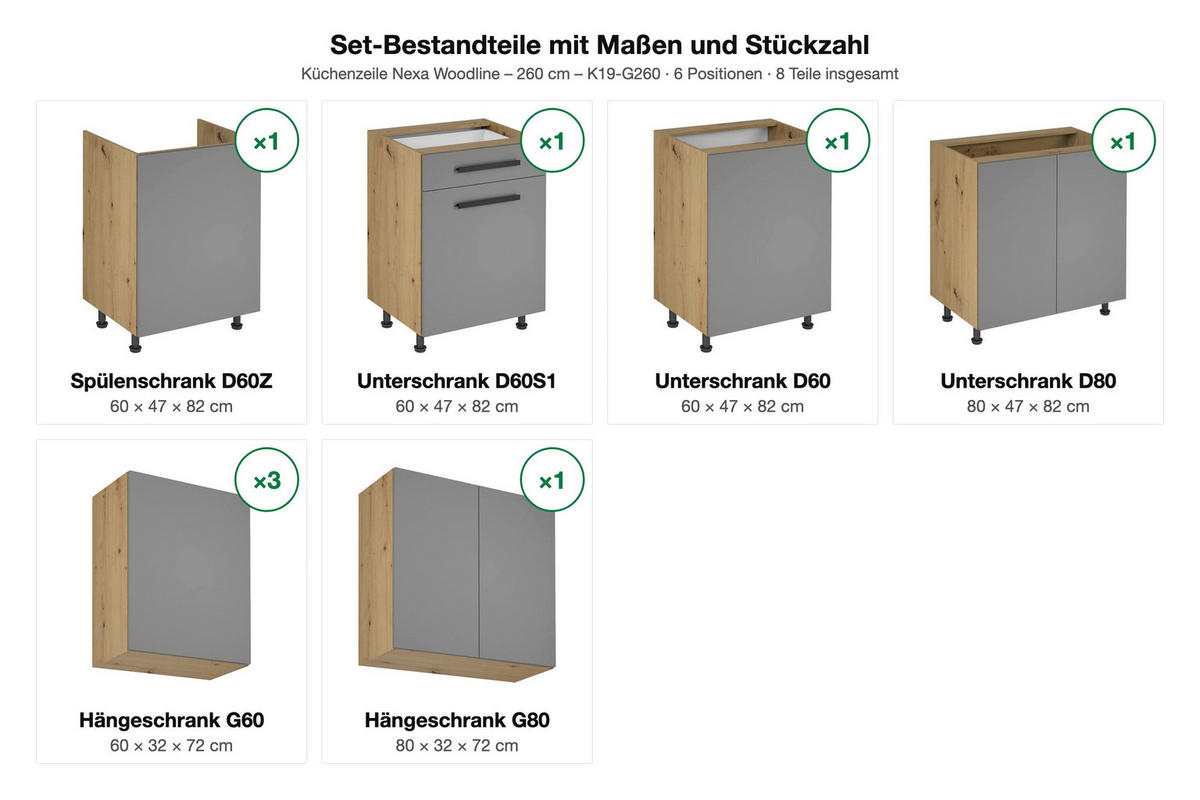 KÜCHENZEILE Nexa Woodline – 260 cm – K19-G260 - Hellbraun/Eiche Artisan, Holzwerkstoff (260/210/47cm) - ROYAL24_MARKT