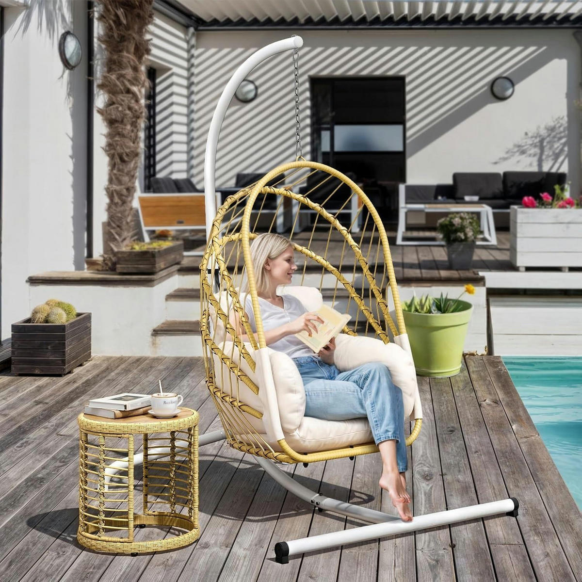 HÄNGESESSEL mit Ständer Beige Rattan-Korb 160 kg Tragfähigkeit - Beige, Naturmaterialien (117.5/194/121cm)