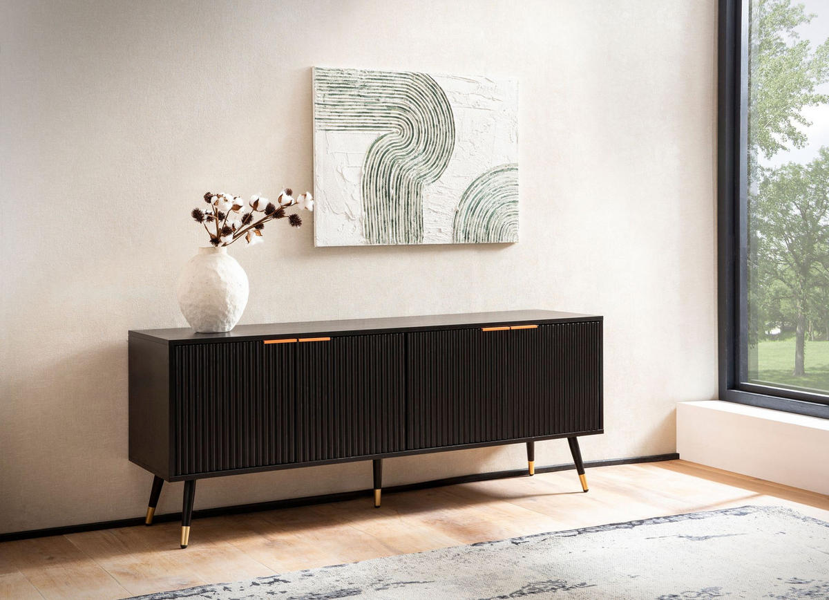 LOWBOARD Schwarz Eiche-Dekor Modern Stil 150x60x39 cm mit Türen - Schwarz, Holzwerkstoff/Metall (150/60/39cm) - KADIMA DESIGN