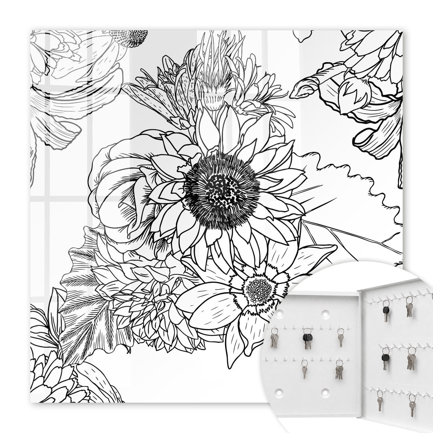 SCHLÜSSELBOX Weiß 30x30 cm – Türöffnung nach rechts - Weiß-weiße Blüten - Multicolor, Metall (30/30/5cm) - TULUP