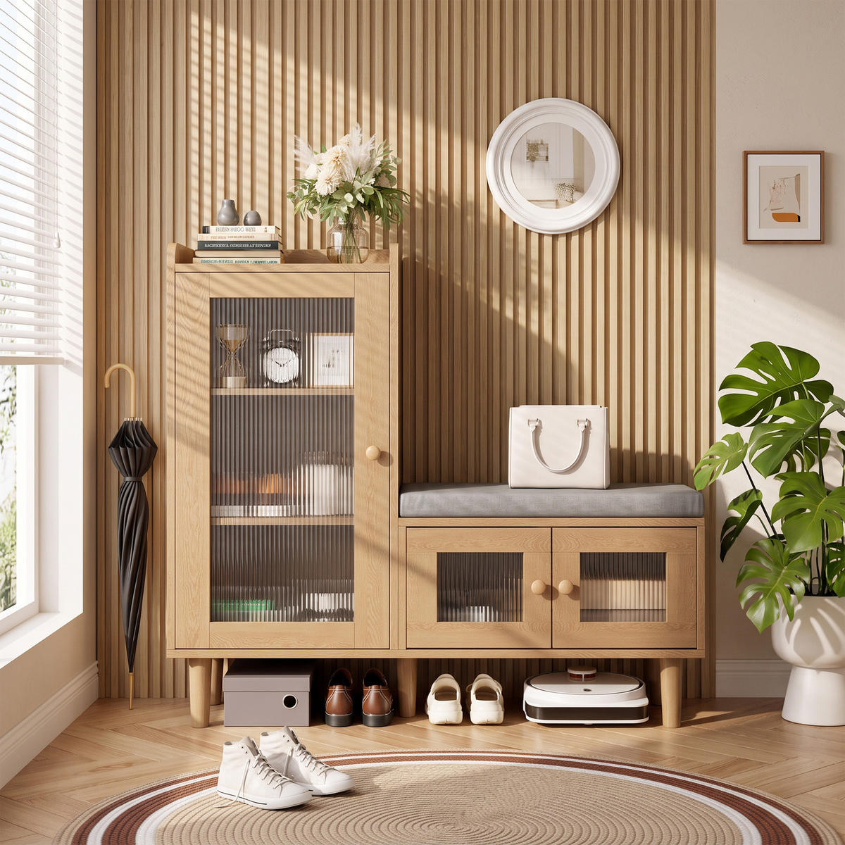 SCHUHSCHRANK mit Sitzbank, 3 Türen, verstellbare Einlegeböden, 100 x 35 x 90 cm, Hellbraun - Hellbraun, Holz/Metall (35/90/100cm) - GENKI LIVING
