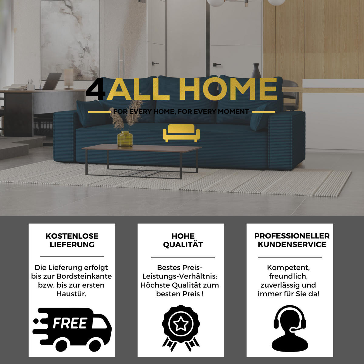 SOFA Vens mit Bettkasten und Schlaffunktion, Cordstoff - Blau, Holzwerkstoff (242/85/95cm)