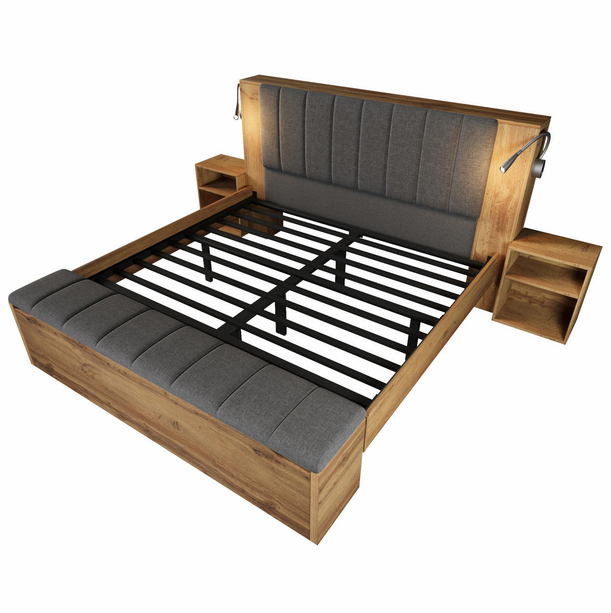 BETT 160/200 cm in Eiche mit Nachttischen, Bettbank und USB-Leselampen - Eichefarben, Holzwerkstoff (160/200cm) - Flora Grace
