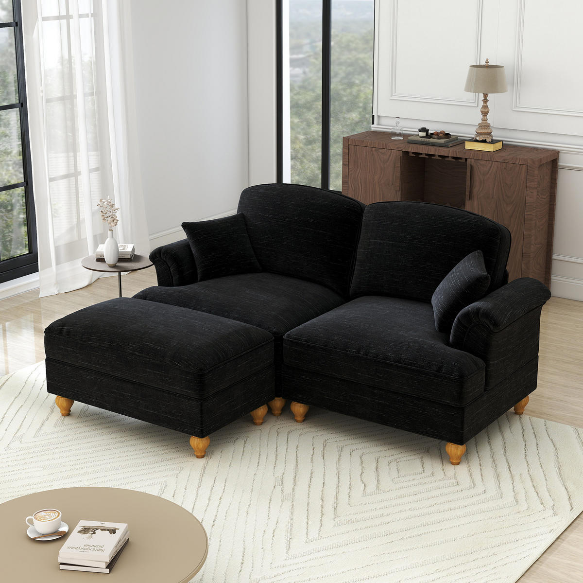 MODULARES Ecksofa Chenille mit Hocker L-Form 194/140/93 cm Schwarz - Schwarz, Textil (140/194cm) - Redom