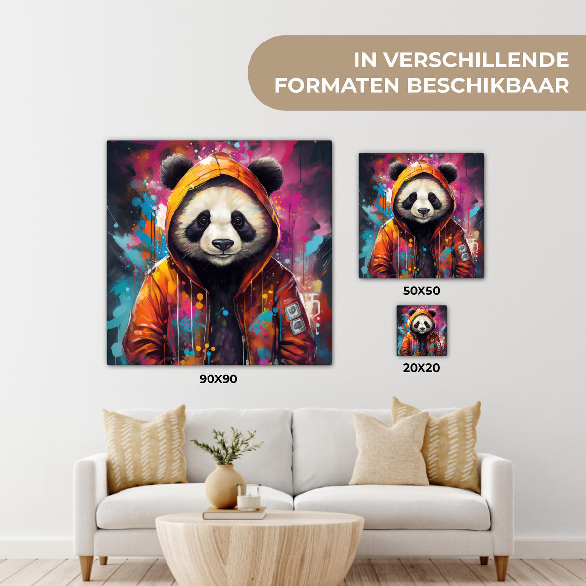 LEINWANDBILD Panda - Jacke - Graffiti - Orange Wandbild Wohnzimmer 50x50 cm - Orange, Textil (50/50cm) - MuchoWow