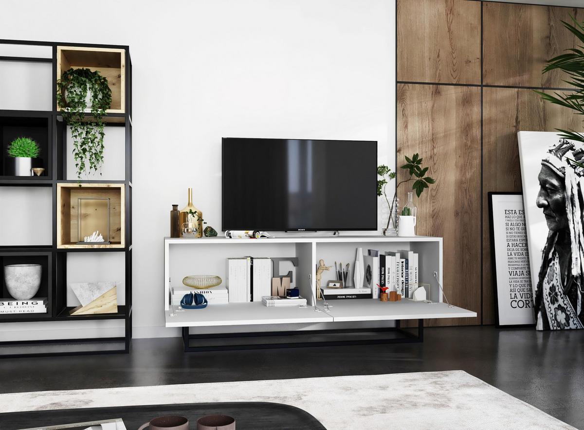 TV-SCHRANK Enjoy Weiß matt mit Metallrahmen 120 cm - Schwarz/Weiß, Holzwerkstoff/Metall (120/46/35cm) - Meble Lindner