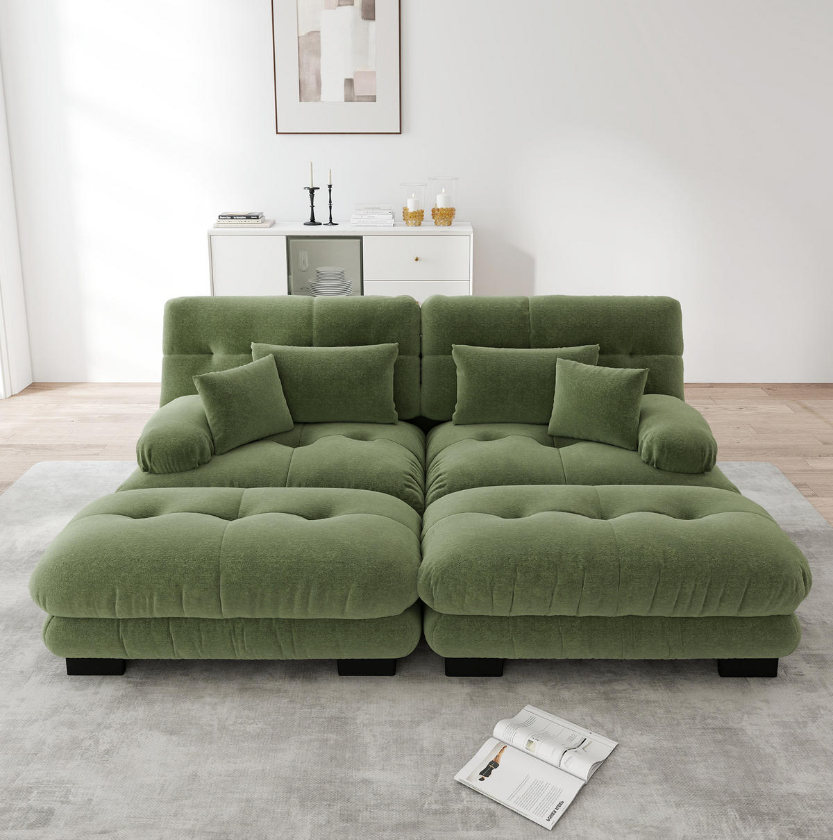 SOFA modular Chenille Green mit 2 Ottomans und 4 Kissen - Grün, Kunststoff (145/81/220.1cm) - Meubliv