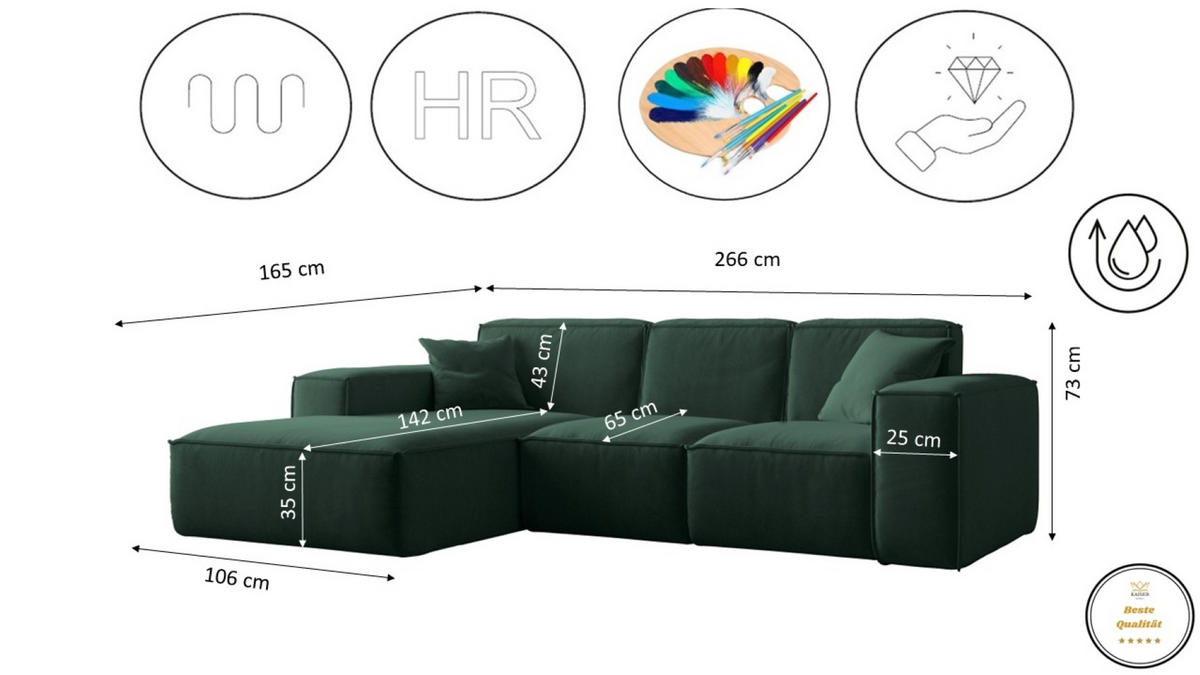 ECKSOFA L-Form Siena Stoff Salvador Grün Links - Grün, Holz (165/266cm) - Kaiser Möbel