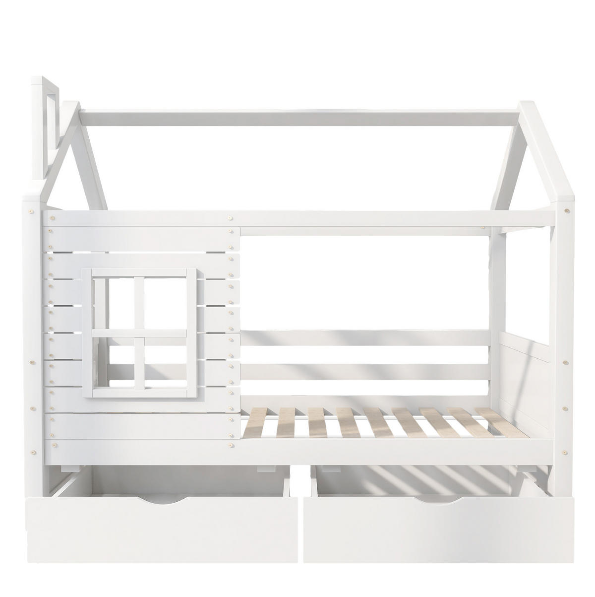 KINDERBETT 90/200 cm weiß aus Kiefer mit Fenster und Schubladen - Weiß, Holzwerkstoff (90/200cm) - OKWISH