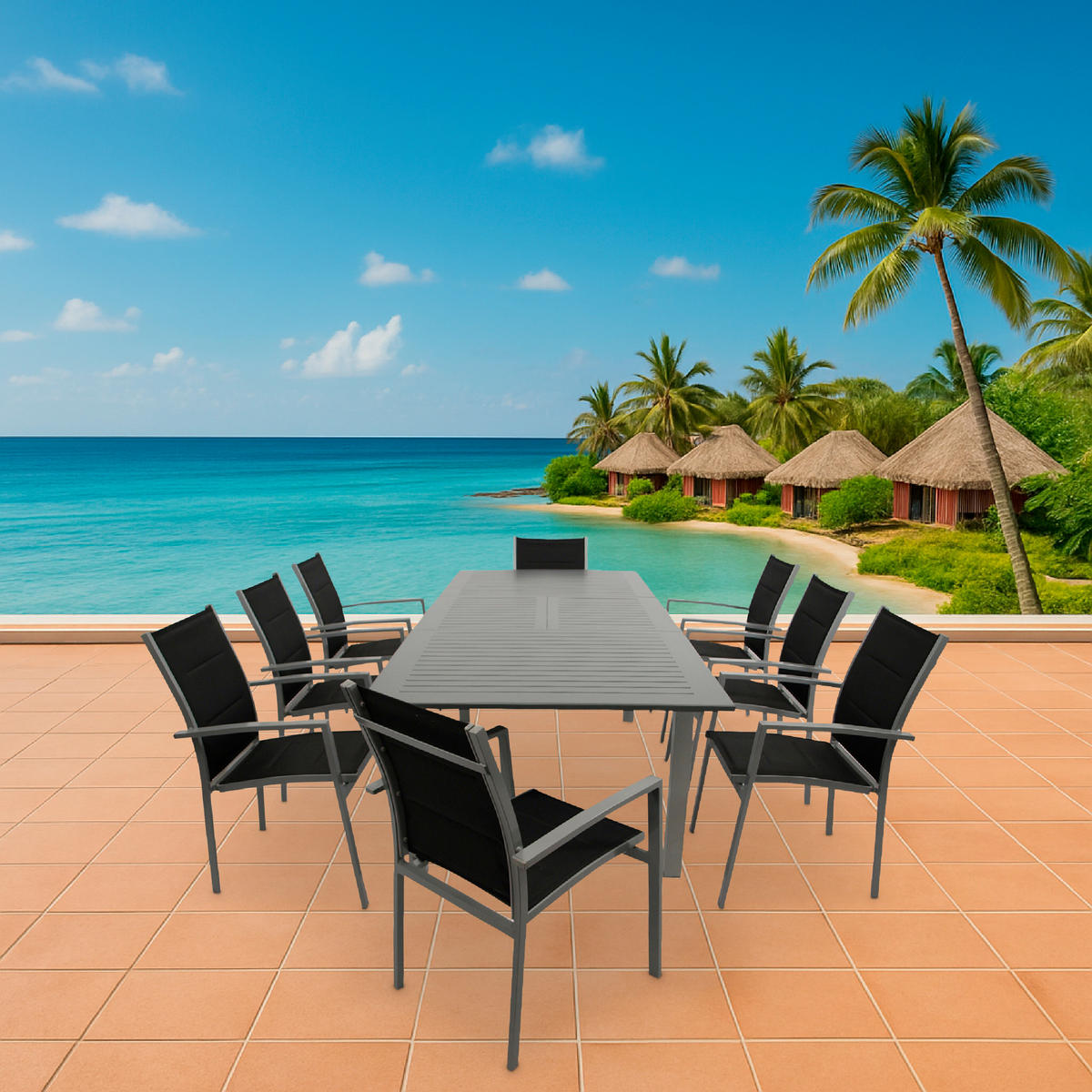 GARTEN-GARNITUR Ashford - 9-teilige Garten-Essgruppe (8x Stapelsessel mit Aluminiumgestell, Bespannung Textillehne schwarz, Ausziehtisch - Schwarz, Metall - TPFGarden