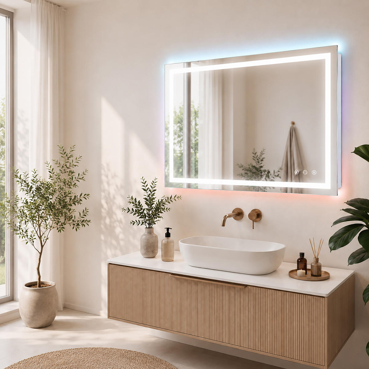 BADSPIEGEL Silber LED RGB Hintergrundbeleuchtung Touch Anti-Beschlag 60x80 cm - Transparent, Glas/Holzwerkstoff (80/60/3cm) - Relaxdays