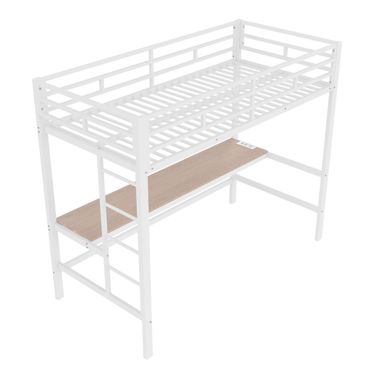 HOCHBETT 90/200 cm, Weiß mit Lerntisch, Trittleiter und Geländer - Weiß, Metall (90/200cm) - MIVRAY