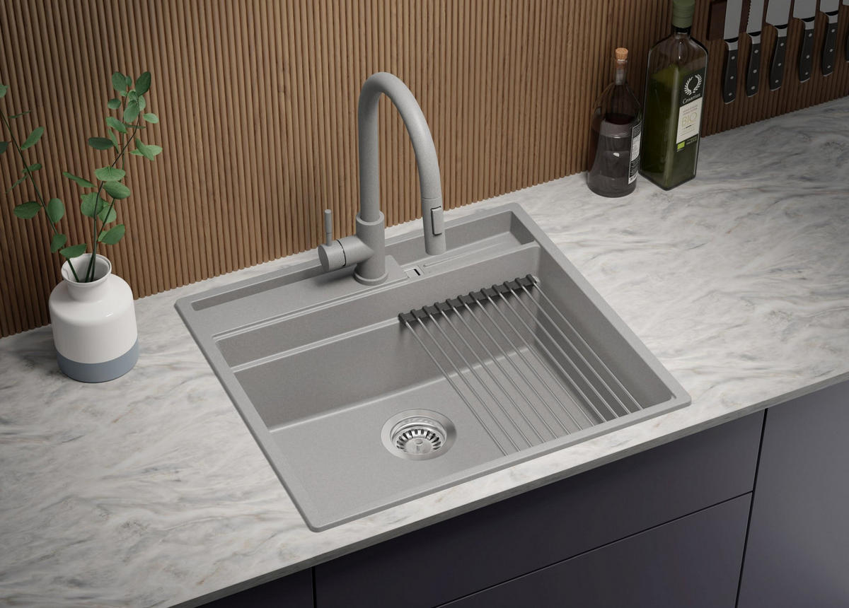 GRANITSPÜLE Oslo Pocket, 2-er set Grau 58/53 cm 1 Becken + Küchenarmatur 40/20 cm + Ablauf-Set + Küchenzubehörset ab 60er Unterschrank - Chromfarben/Beige, Kunststoff (58/20/53cm) - Primagran