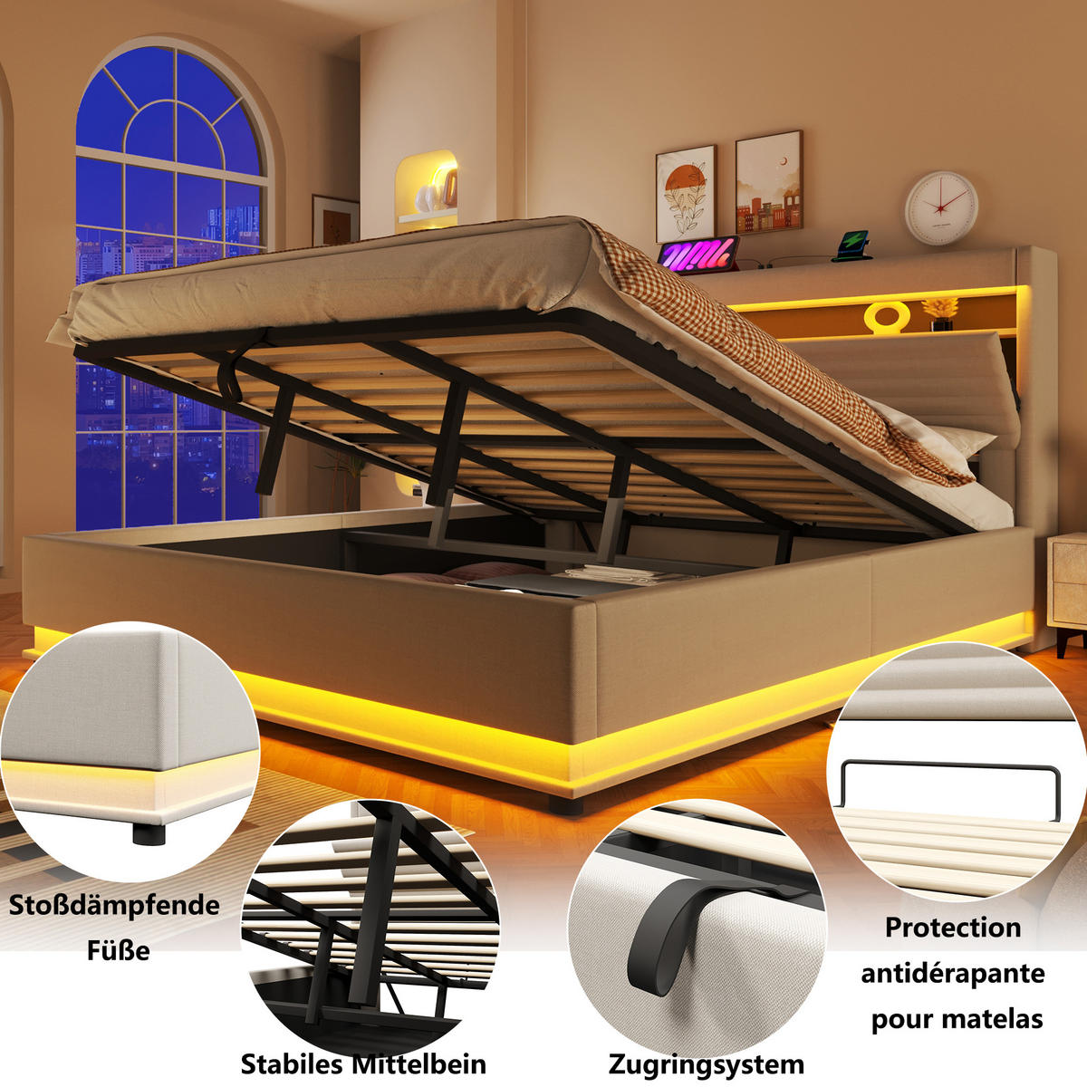 POLSTERBETT 180x200cm Hydraulik LED USB Typ C Leinen Beige - Beige, Naturmaterialien (180/200cm) - FLIEKS