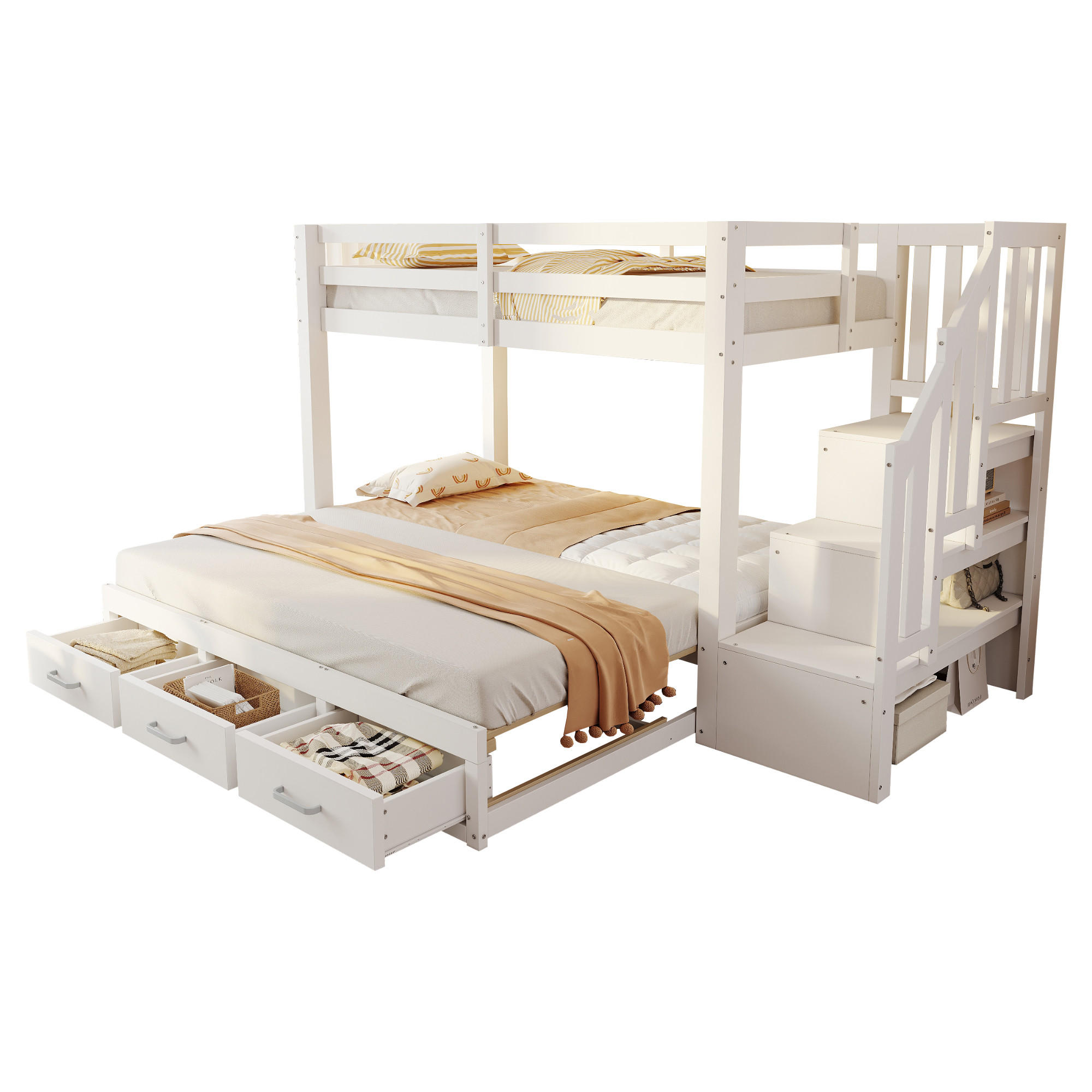 ETAGENBETT 90/200 cm & 180/190 cm in Weiß & Grau mit 3 Schubladen, Ausziehbett und Stauraumleiter - Weiß, Holzwerkstoff (90/200cm) - STILVORA