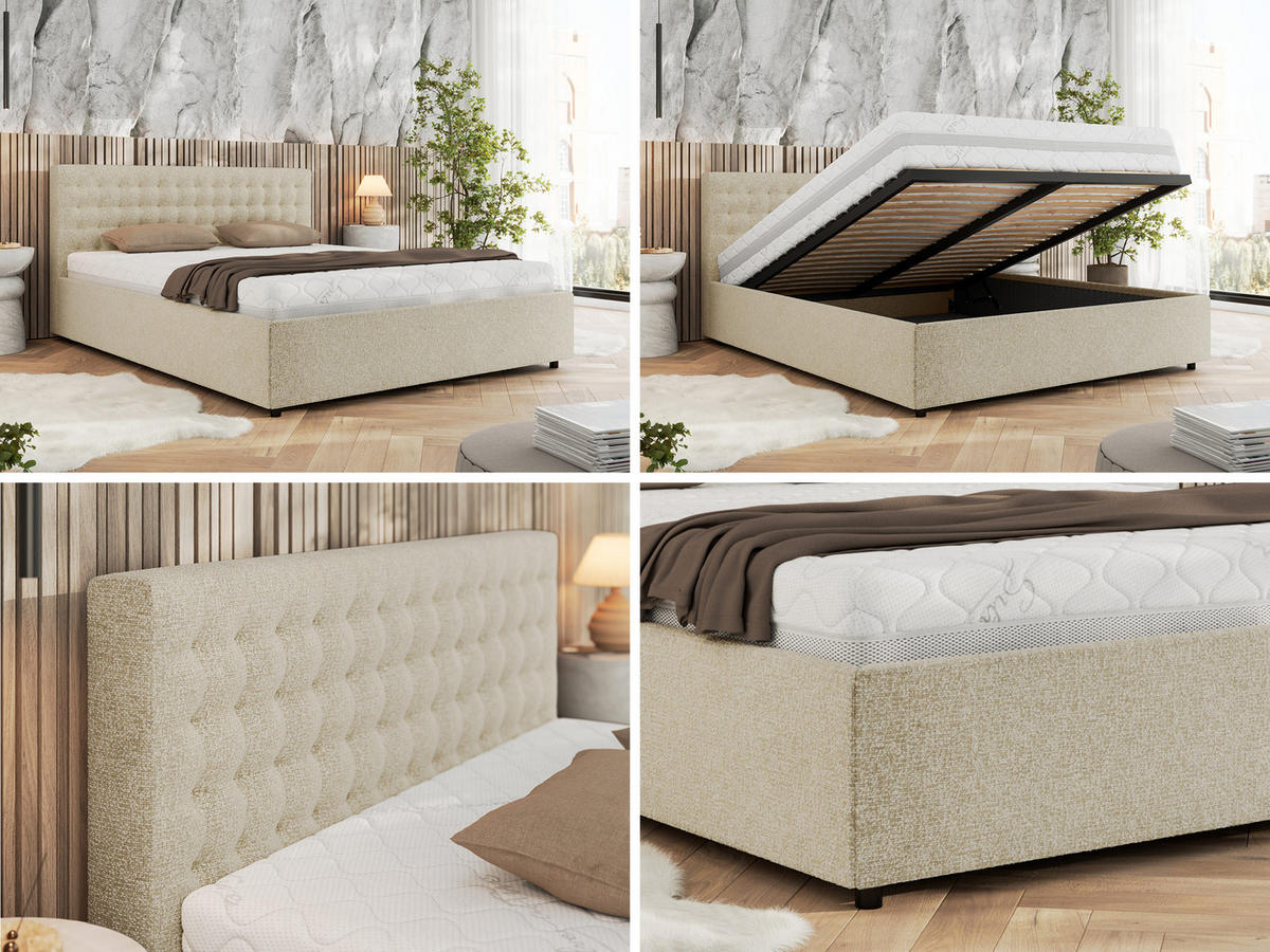 POLSTERBETT PAVO CLASSIC 160/200 - Creme Strukture - Schaum-Matratze - Creme, Textil (160/200cm) - MKS