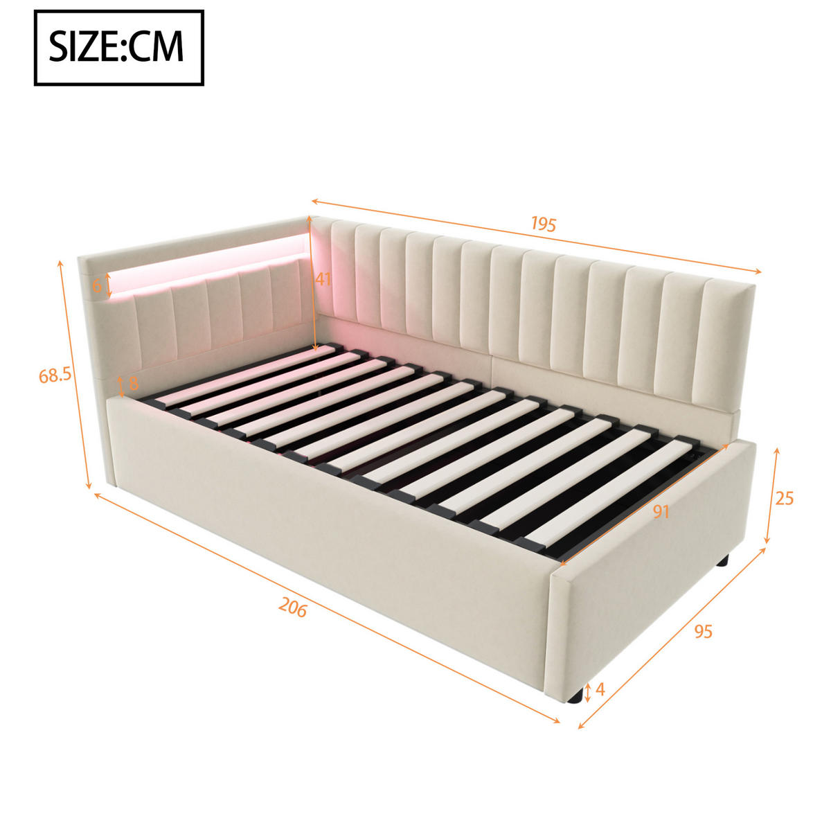 ČALÚNENÁ posteľ 90x200 cm zo zamatu béžová s LED osvetlením a hydraulickým úložným priestorom - béžová, textil (90/200cm) - Modfu
