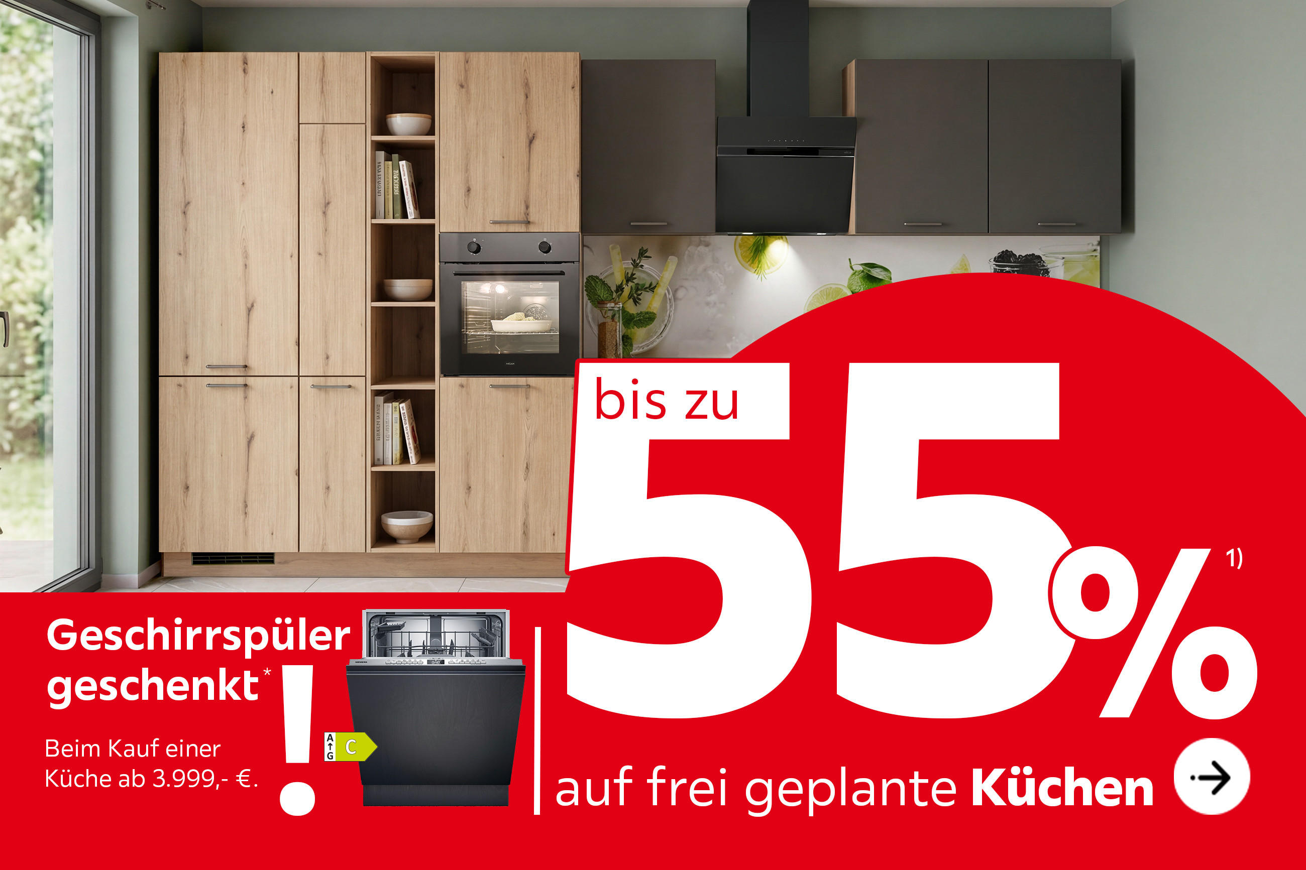 Bis zu 55% auf frei geplante Küchen; Geschirrspüler geschenkt! Beim Kauf einer Küche ab 3.999,- €; SIEMENS Geschirrspüler Freisteller; EEK: C