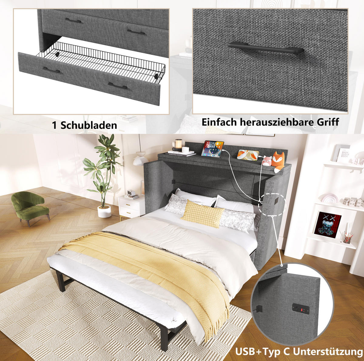BETT 140/200 cm Grau aus Leinen und MDF mit USB- und Typ-C-Anschlüssen - Grau, Textil (140/200cm) - OKMYHOME