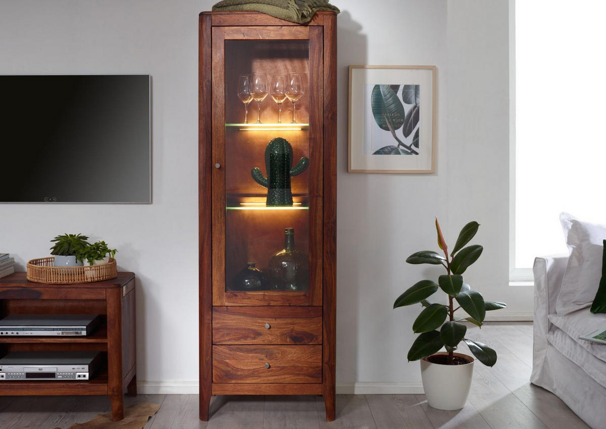 VITRINE Sheesham 60x40x178 walnuss geölt BROOKLYN #26 - Dunkelbraun, Holz (60/178/40cm) - Massivmoebel24