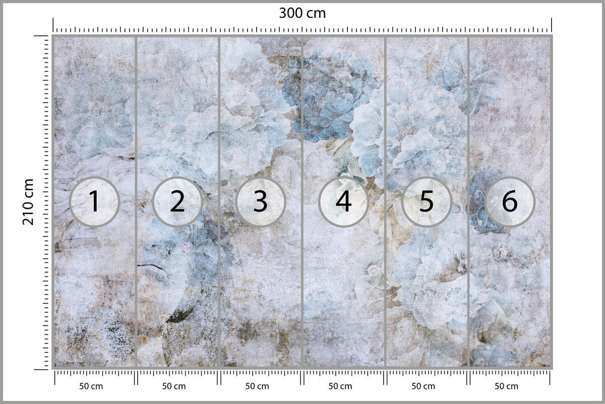 FOTOTAPETE Blaue Blumen Beton Vintage 300x210 - Grau, Papier (300/210cm) - Muralo