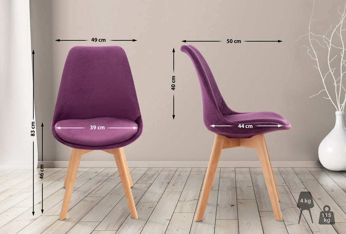 STUHL 4er Set Samt lila - Eukalyptusholzfarben/Lila, Holz/Textil (49/83/50cm) - CLP