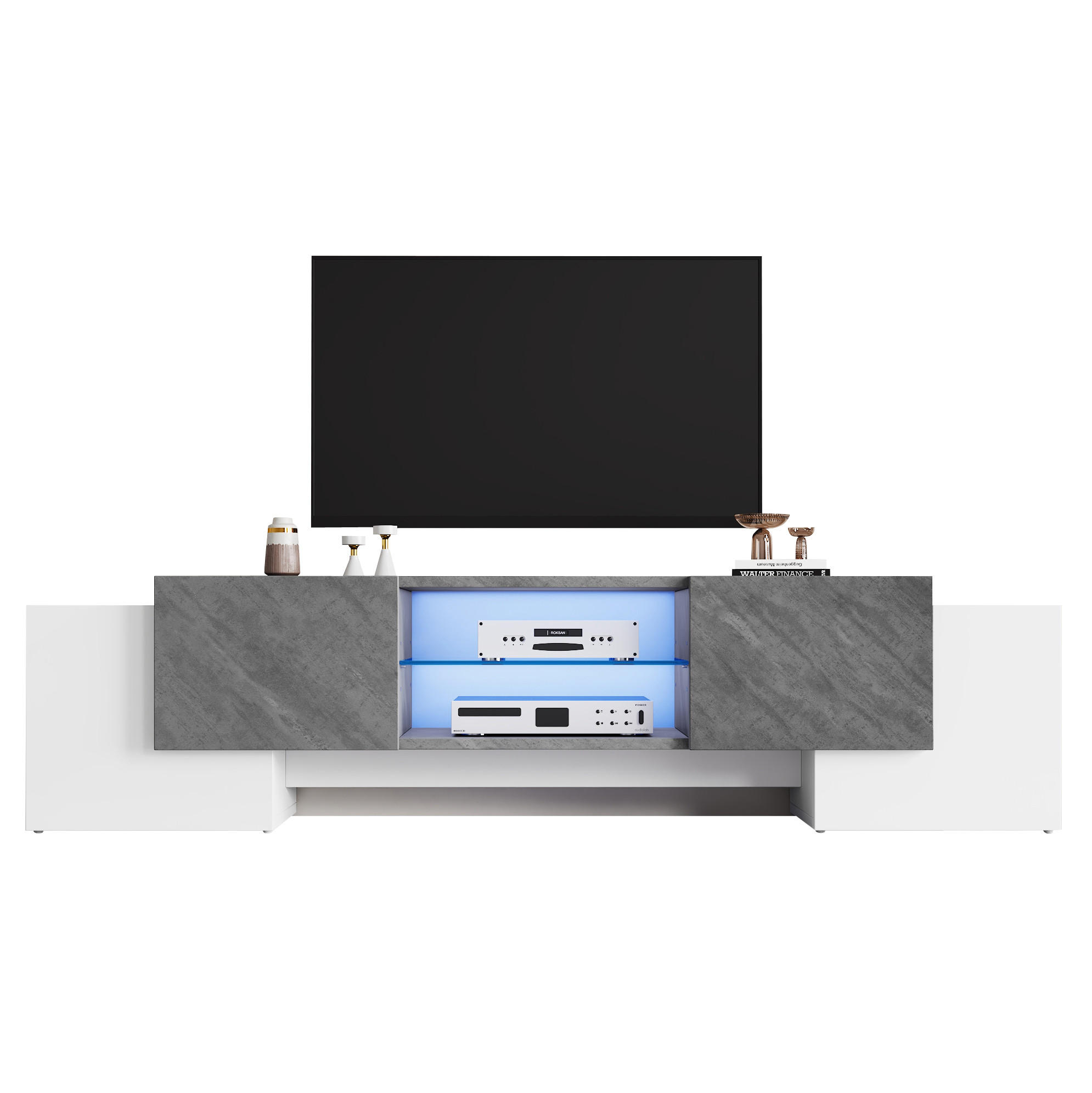 LOWBOARD 180/40/46,5 cm aus MDF mit LED-Lichtleiste und 4 Türen Weiß/Grau - Weiß, Holzwerkstoff (180/46.5/40cm) - Modenvie