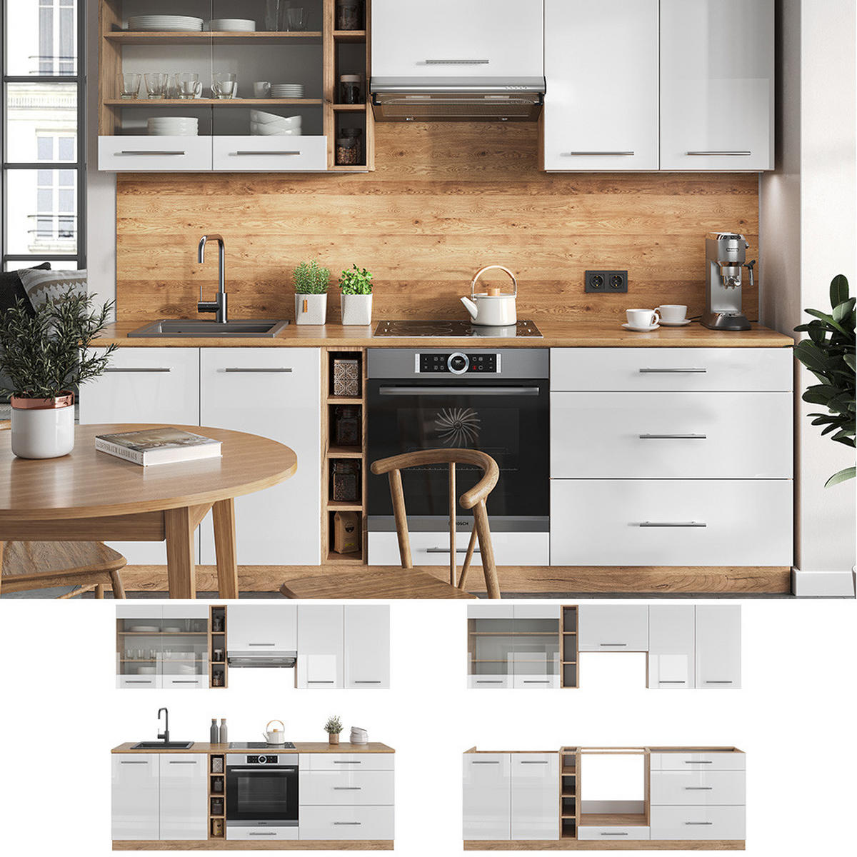 KÜCHENZEILE Fame-Line Weiß Hochglanz/Goldkraft Eiche 235 cm, AP Eiche - Weiß Hochglanz/Eiche Wotan, Holzwerkstoff (235/81.6/60cm) - Vicco