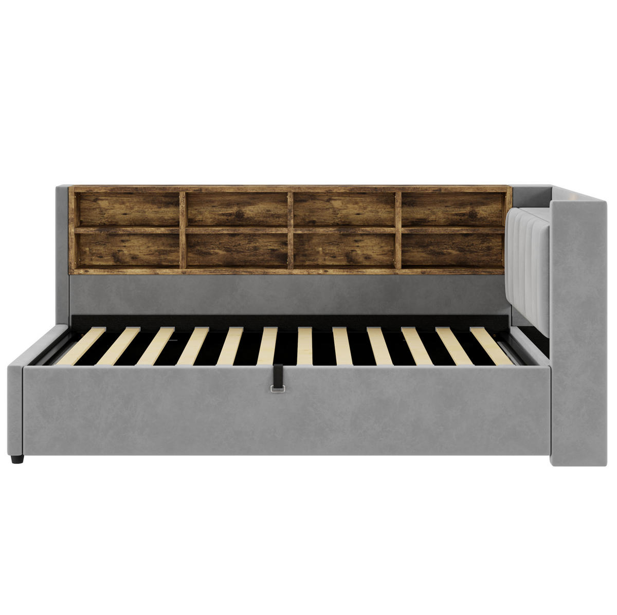 POLSTERBETT aus Samtstoff 90x200 cm Hellgrau mit Nachtlicht, USB- und Type-C-Anschluss, Bettkasten und Ablagefächern - Hellgrau, Textil (90/200cm) - Modfu