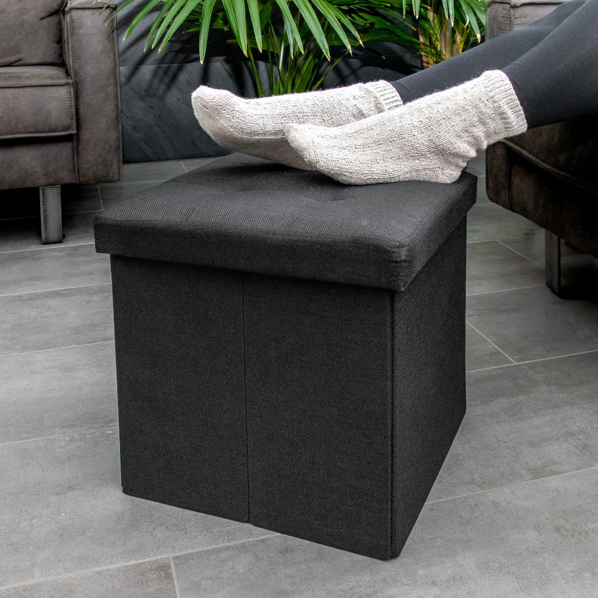 SITZHOCKER Faltbar mit Stauraum 38/38/38 cm (Schwarz) - Schwarz, Textil (38/38/38cm) - Intirilife