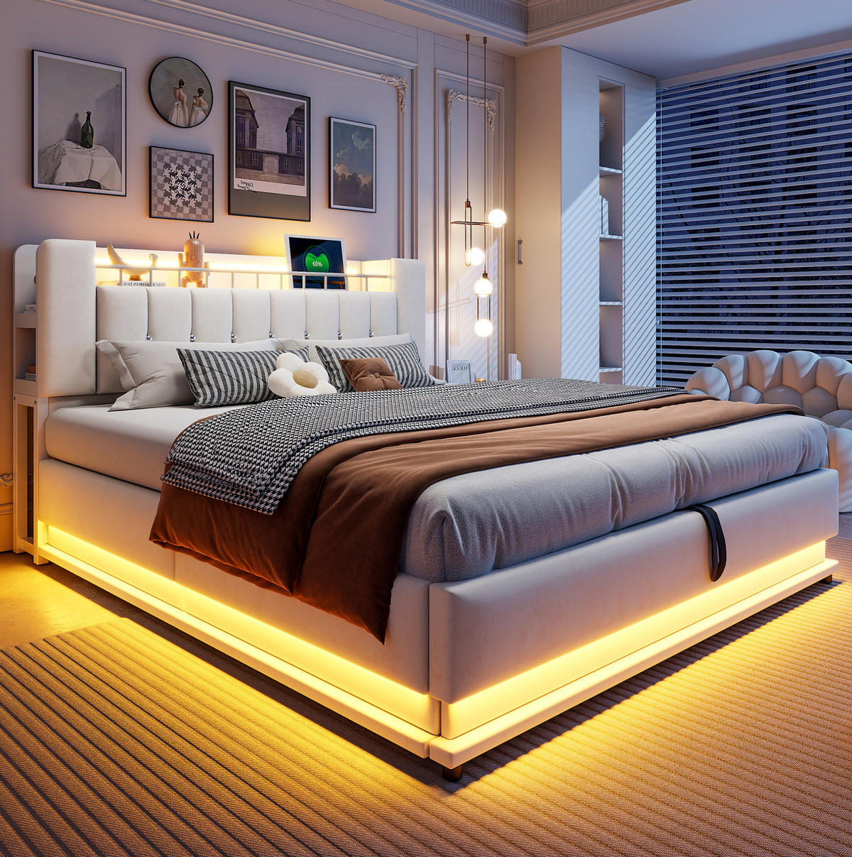 POLSTERBETT 180/200 cm Beige mit LED, USB-Anschlüssen und Stauraum - Beige, Textil (180/200cm) - Flora Grace