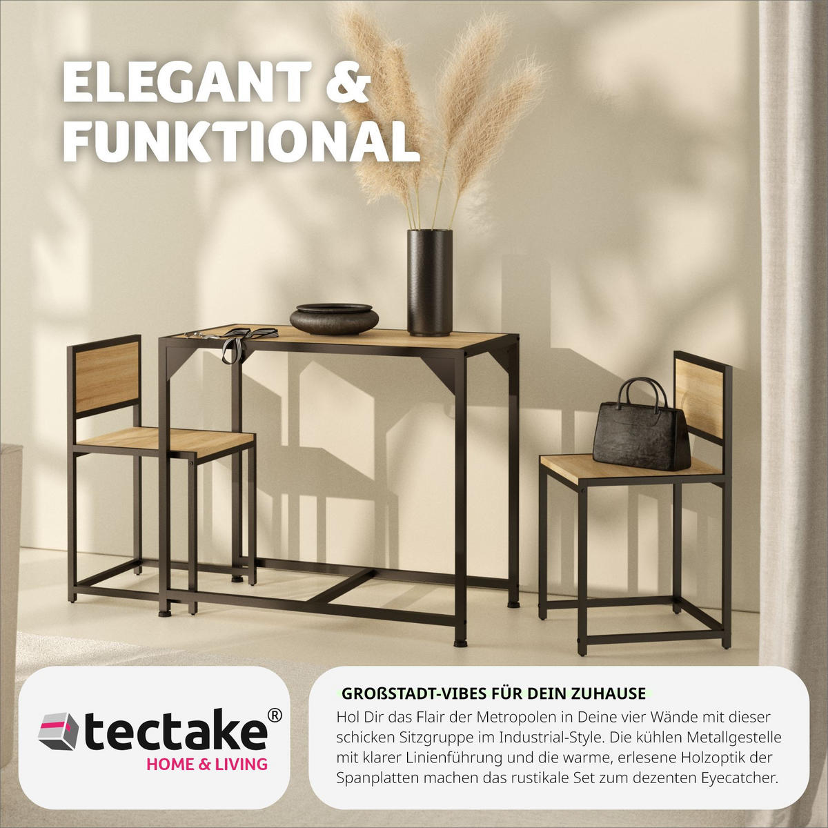 SITZGRUPPE Milton,mit höhenverstellbaren Kunststofffüßen,Industrial Holz hell, Eiche Sonoma - Naturfarben, Holzwerkstoff (48/77/91cm) - tectake