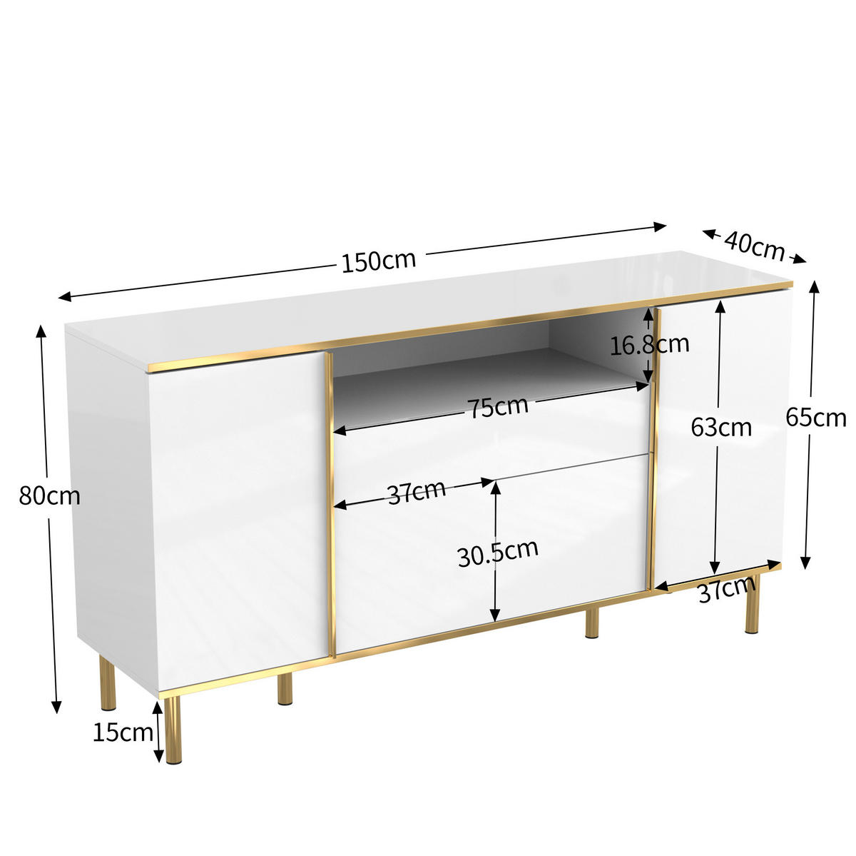 SIDEBOARD 150/40/80 cm in Weiß Hochglanz mit 4 Türen, Schublade & LED-Beleuchtung - Weiß, Holzwerkstoff (150/80/40cm) - BEAOK