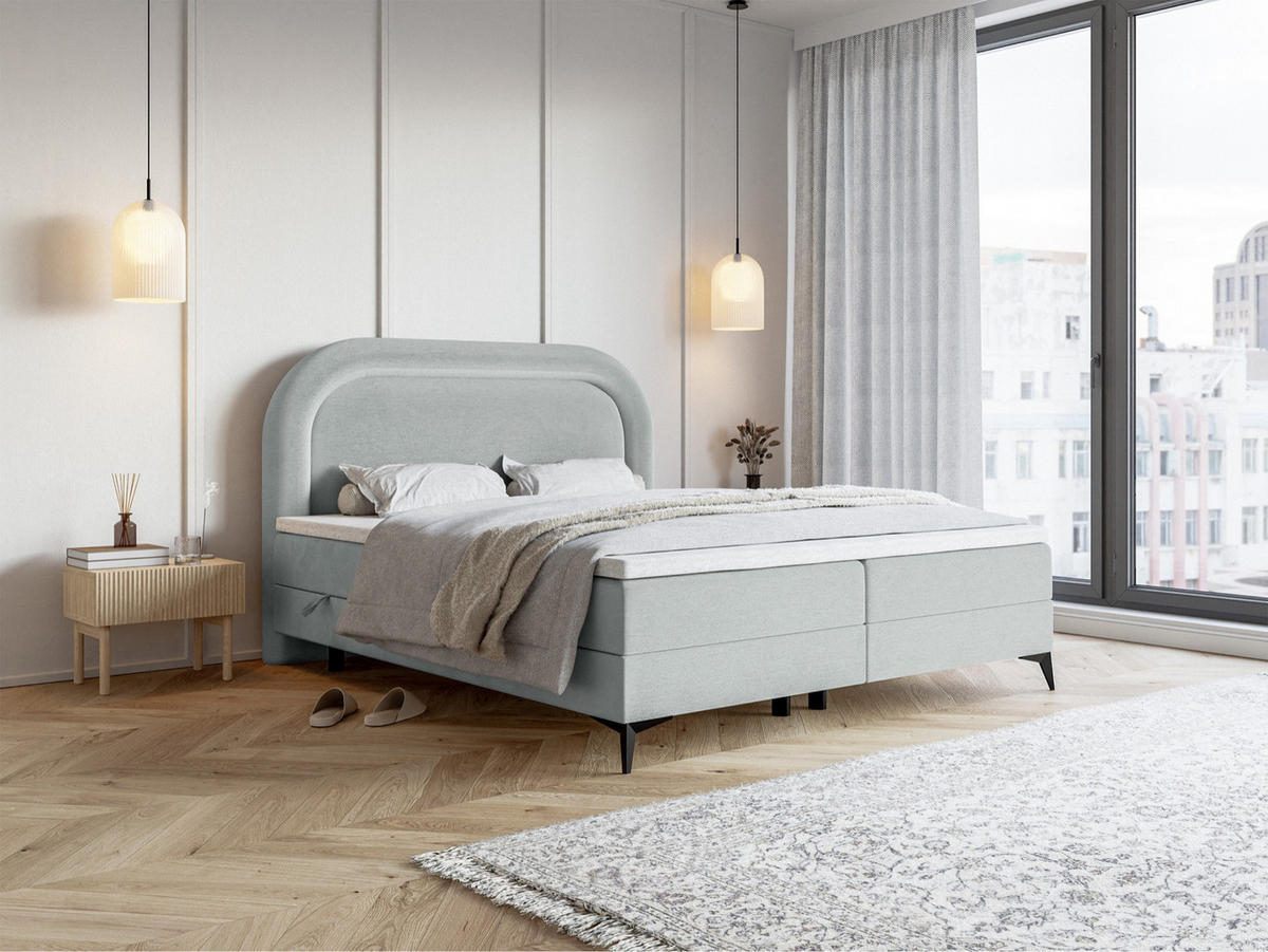 BOXBETT Loreo Hellgrau Samt wasserfest 160x200 cm - Hellgrau/Schwarz, Holz/Textil (160/200cm) - Selsey
