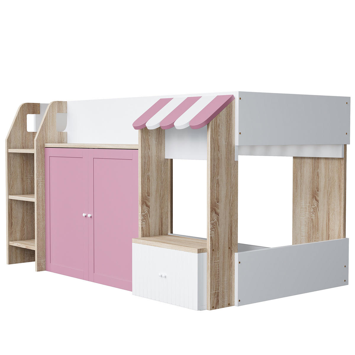 HOCHBETT aus Kiefer, Sperrholz und MDF 90x200 cm Weiß, Rosa und Holzfarbe mit Stauraum - Rosa, Holzwerkstoff (90/200cm) - IVMEU