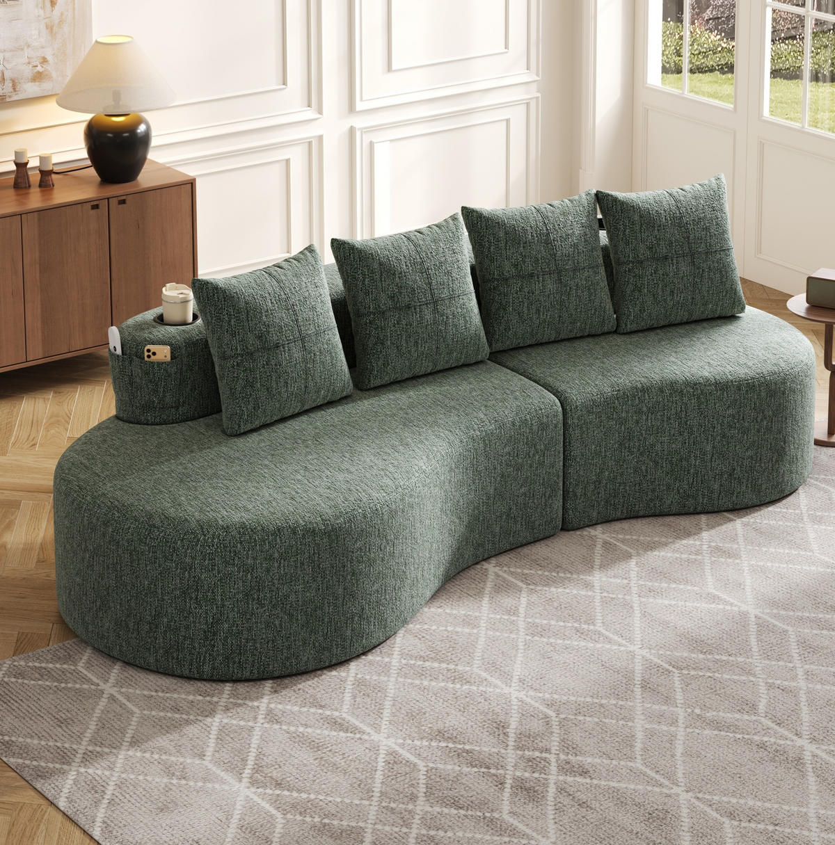 SOFA 240/109/60 cm aus Leinen mit Becherhaltern und Seitentaschen Grün - Grün, Textil (109/63/240cm) - Modenvie