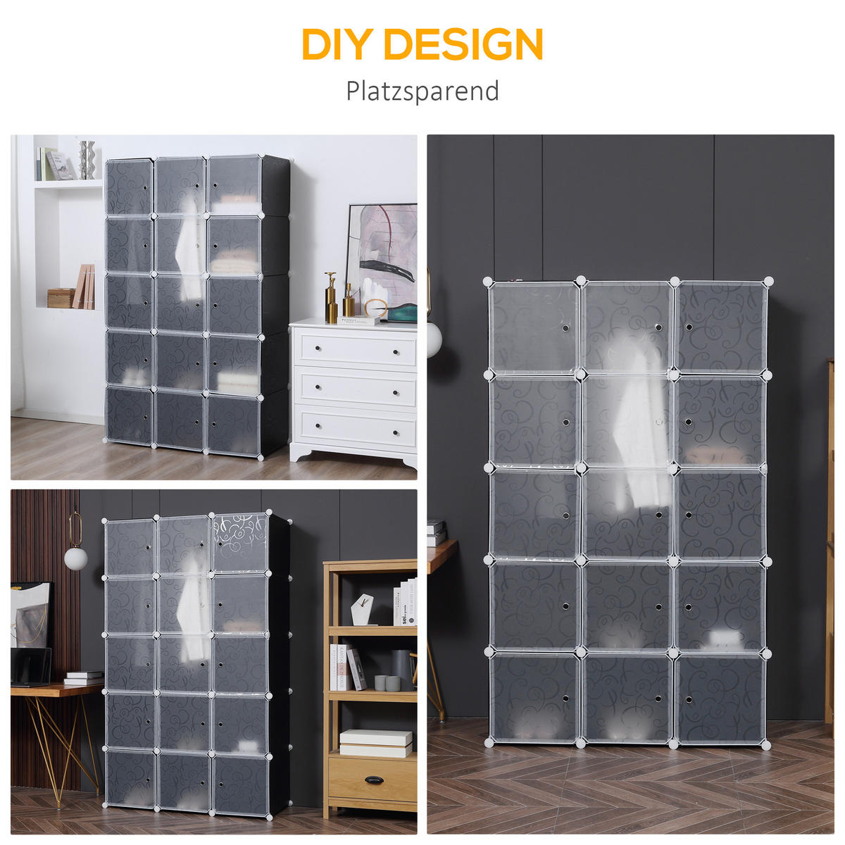 KLEIDERSCHRANK mit 2 große und 9 kleinen Würfeln, Schwarz, 111 x 47 x 183 cm - Schwarz, Metall (111/183/47cm) - HOMCOM