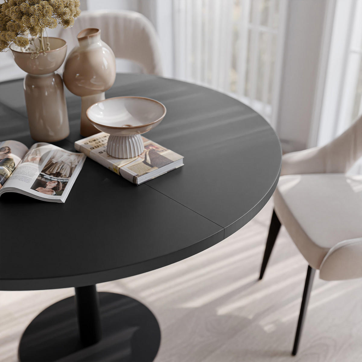 TISCH einbeinig schwarzes Bein, MDF Tischplatte, Molet Schwarz - Schwarz, Holzwerkstoff (100/100/76cm) - Idohome