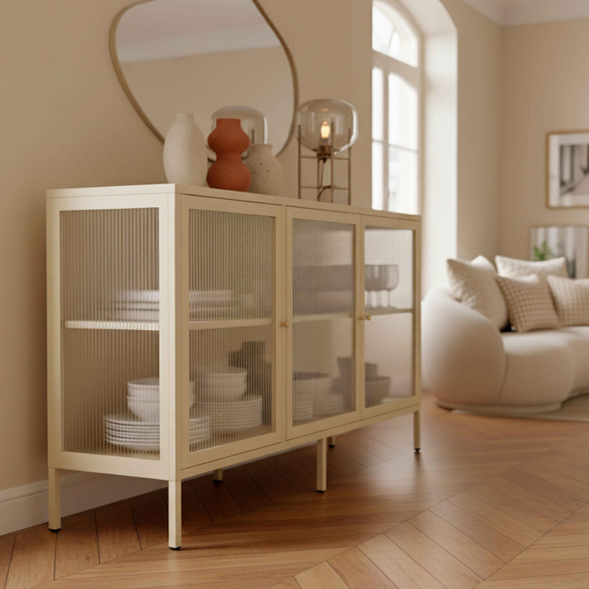 SIDEBOARD, Ekru - Weiß, Stein (35/80/140cm) - Oviala