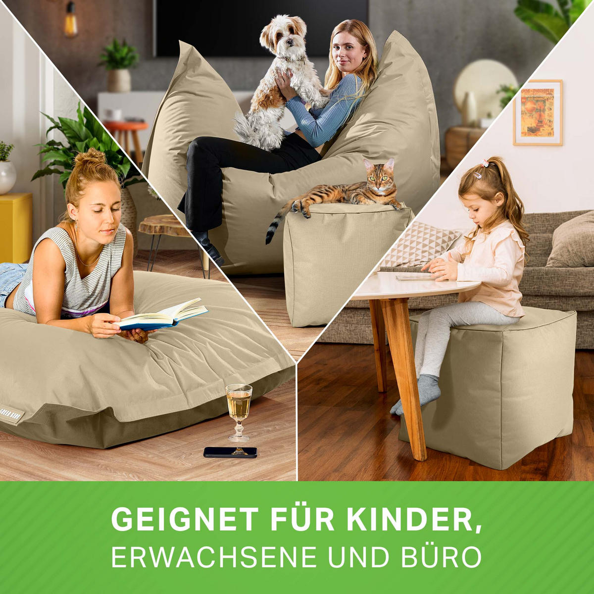 XXL-SITZSACK + Pouf 2er Set - 140x180cm - Beige, Textil (140/25/180cm) - Green Bean