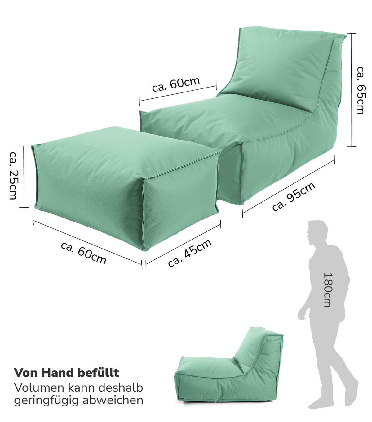 SITZSACK mit Hocker Der Sundowner - Mintgrün, Textil (60/65/140cm) - Mokebo