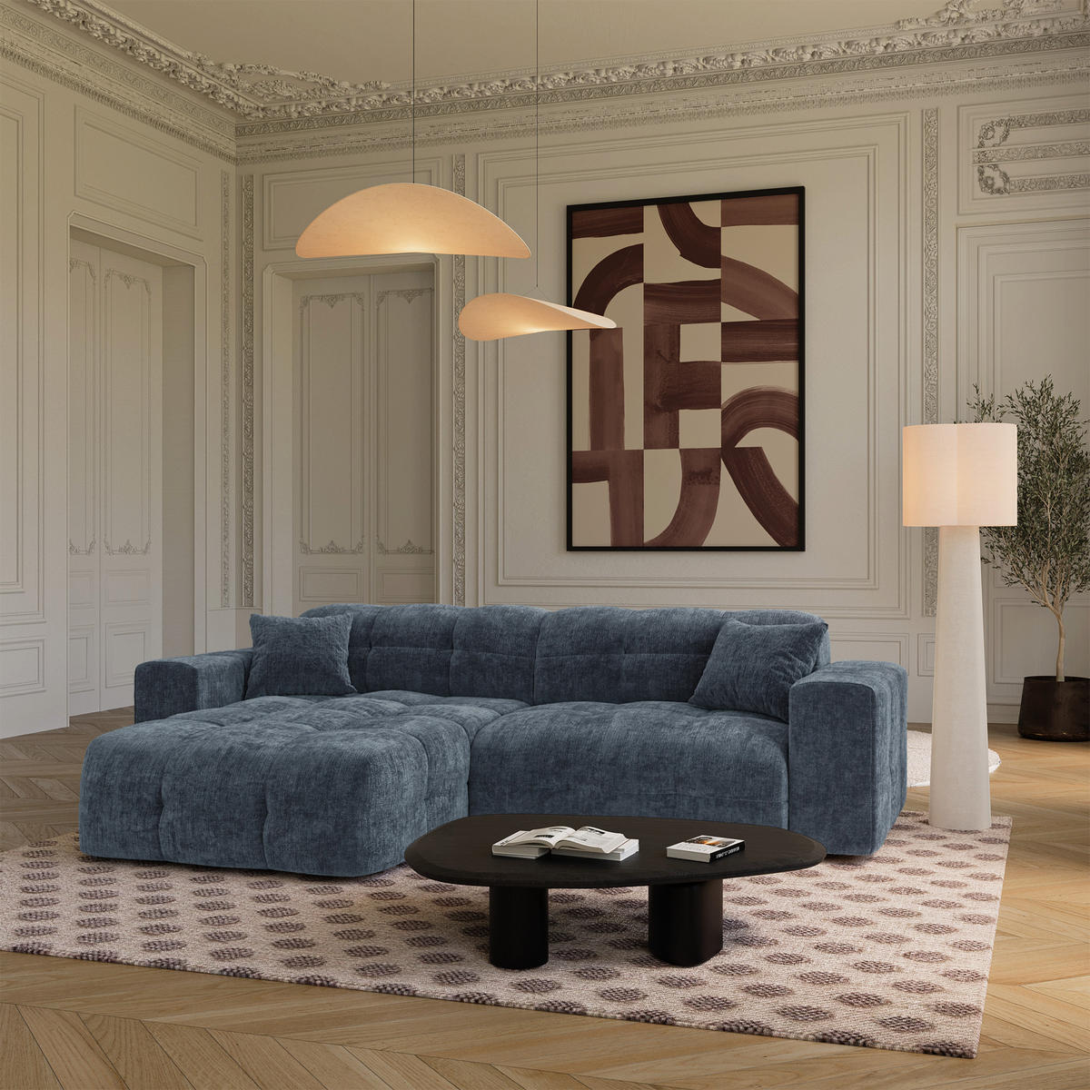 ECKSOFA (links) COCOON Geprägter Samt Mineralblau 230cm - Blau/Dunkelblau, Textil (230/155cm) - Premium Interiors