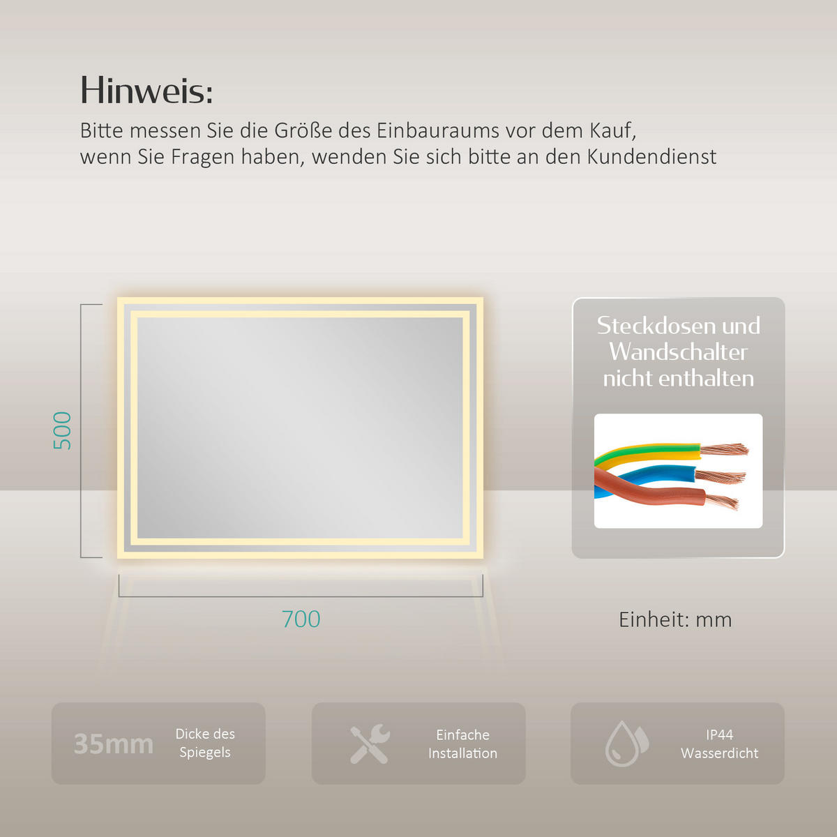 BADSPIEGEL mit Power-Off-Memory-Funktion Beleuchtung 70/50/3,5 cm - Weiß, Glas (50/3.5/70cm) - EMKE