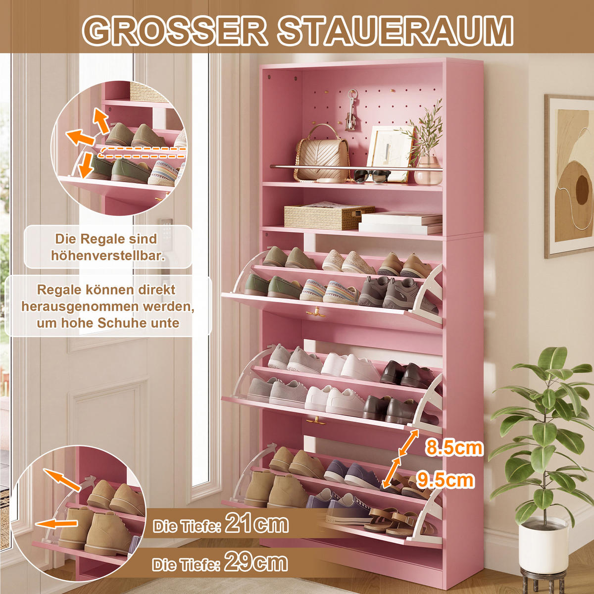 SCHUHSCHRANK 80x24x178.5cm Rosa mit 3 Klappen - Pink, Holzwerkstoff (80/178.5/24cm) - FLIEKS