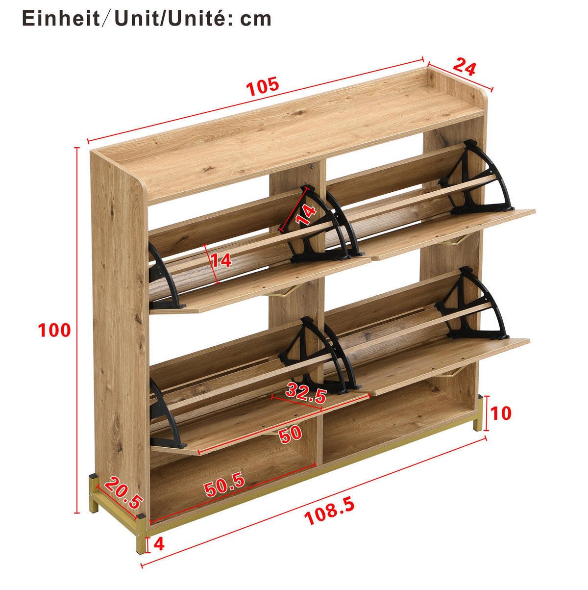 SCHUHSCHRANK aus MDF 108,5x24x100cm in Naturfarben mit Metallfüßen - Naturfarben, Holzwerkstoff (108.5/100/24cm) - Modfu