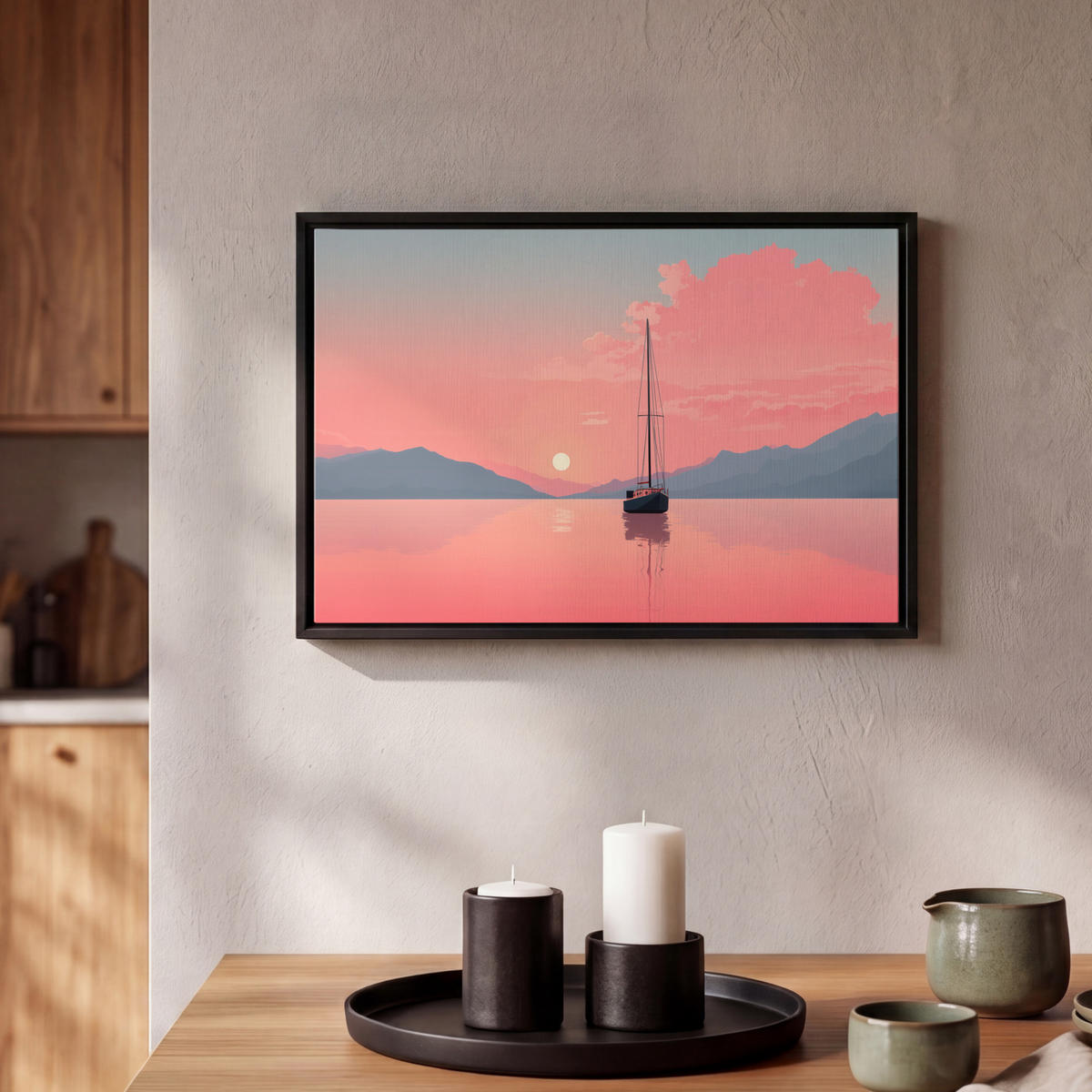 LEINWAND Bilder mit Rahmen - Segelboot - Rosa Meer - Sonnenuntergang - Berge - 30x20 - Rosa, Textil (30/20cm) - MuchoWow