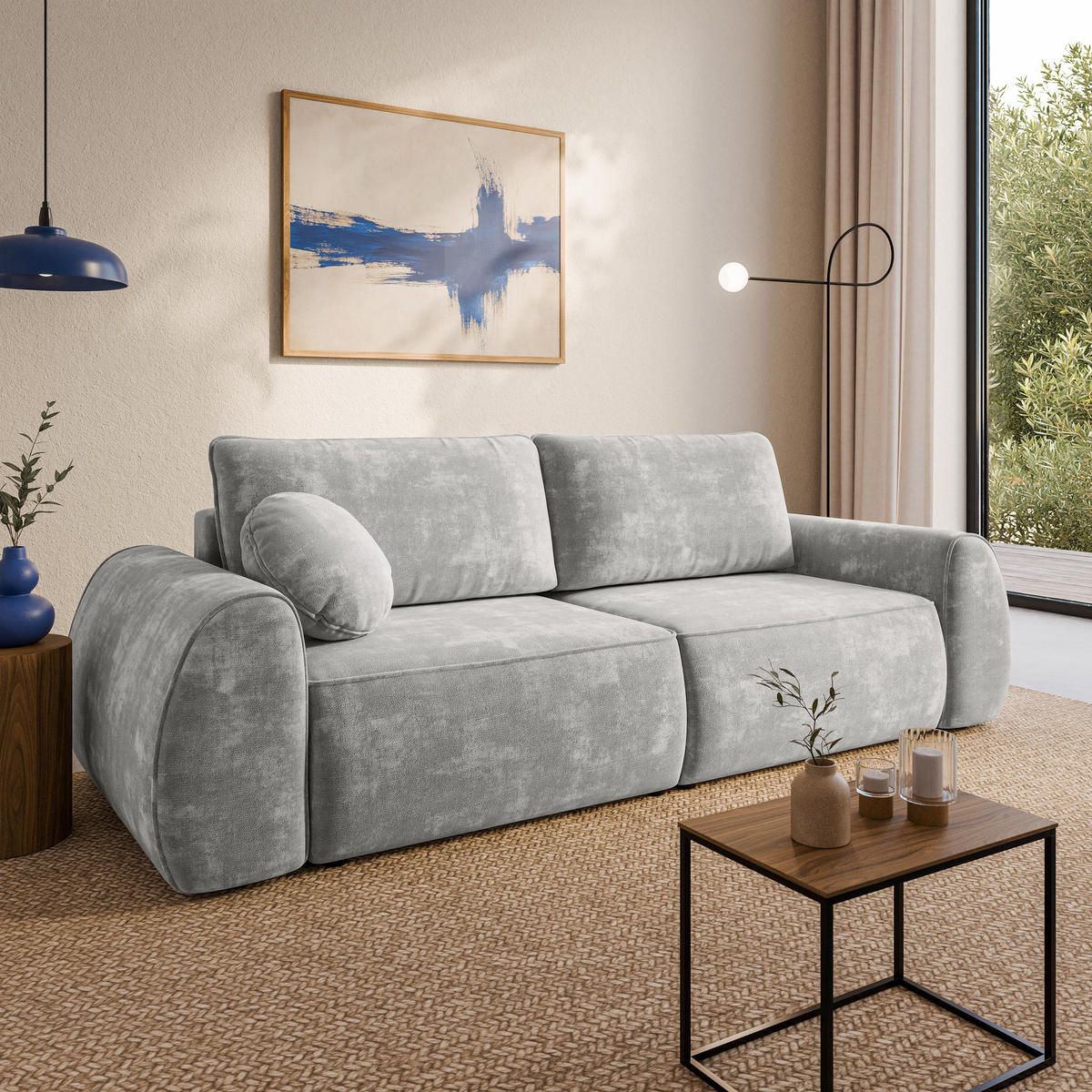 BETTSOFA ZEFEO Hellgrau Chenille-Stoff mit Schlaffunktion - Hellgrau, Textil (264/96/106cm) - MASSENO