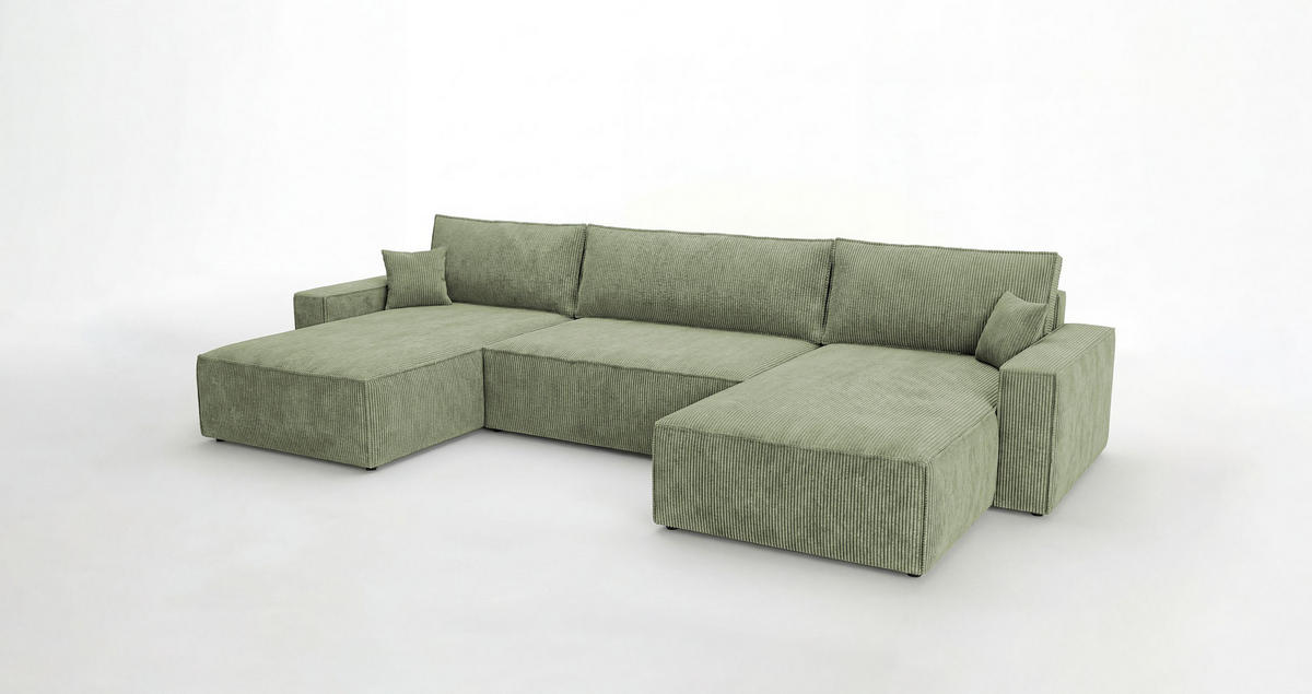 SEDACÍ souprava VIENNA tvar U světle zelená manšestr Poso 47 - funkce spaní, úložný prostor - světle zelená, textil (385/86/185cm) - Cornero