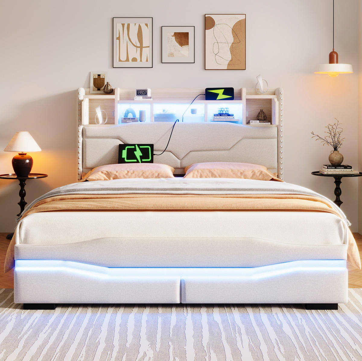 OBLAZINJENA lanena postelja 140/200 cm z LED osvetlitvijo, USB-C priključkom in hidravličnim shranjevanjem, Bež - bež, tekstil (140/200cm) - Redom