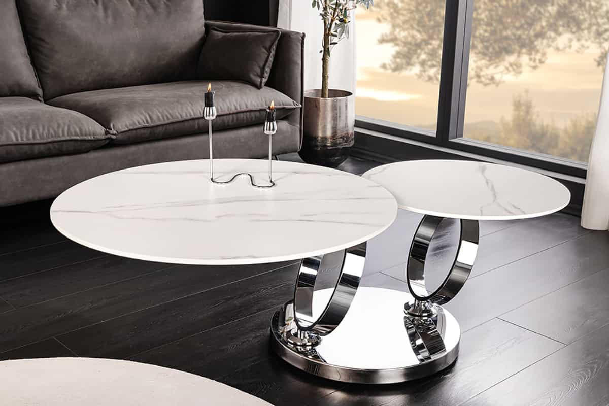 COUCHTISCH DANCING RINGS Marmor rund Silber|Weiß 80cm - Silberfarben/Braun, Keramik/Metall (80/80/44cm) - riess-ambiente